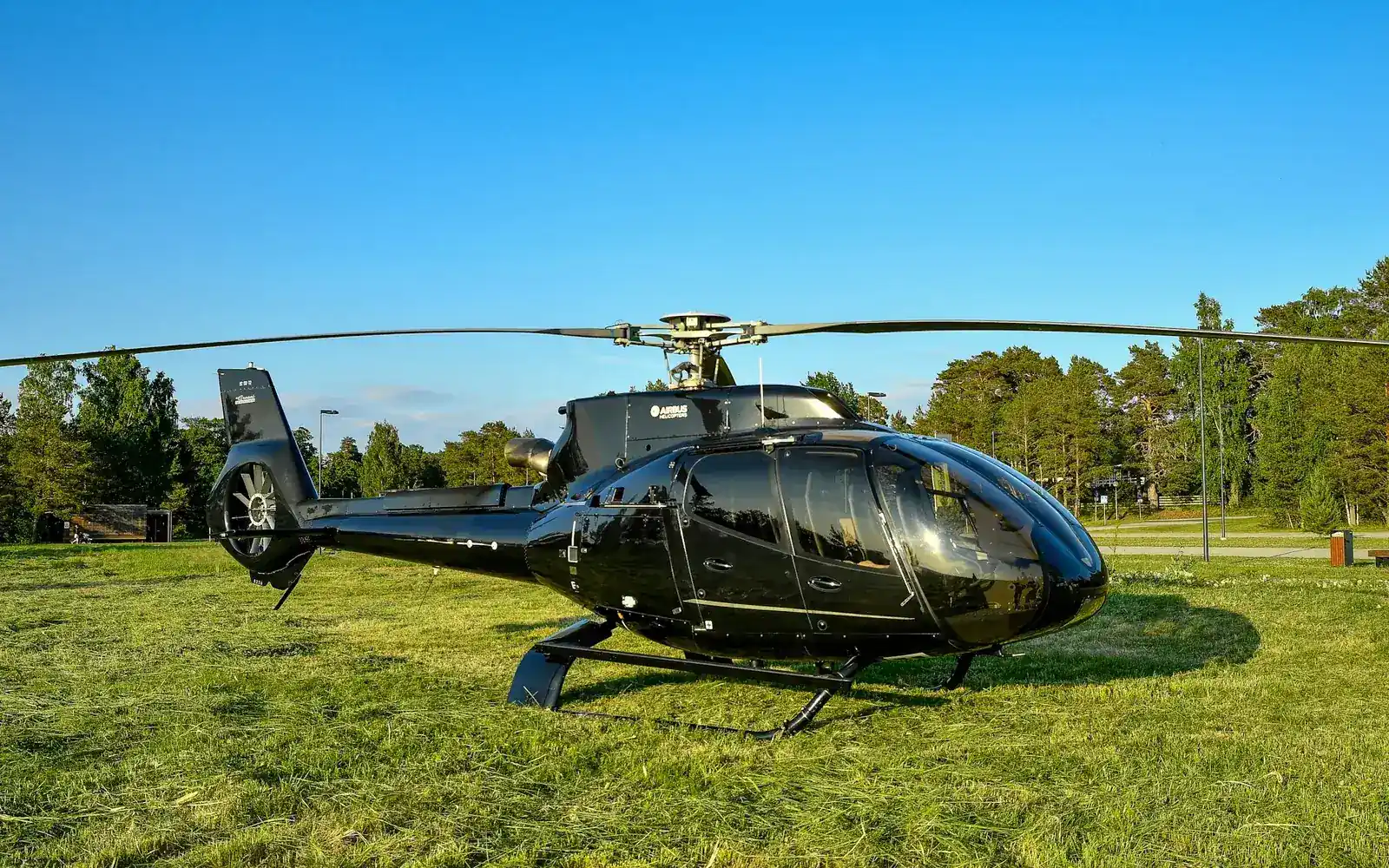 Un hélicoptère noir qui attend sur un champ vert