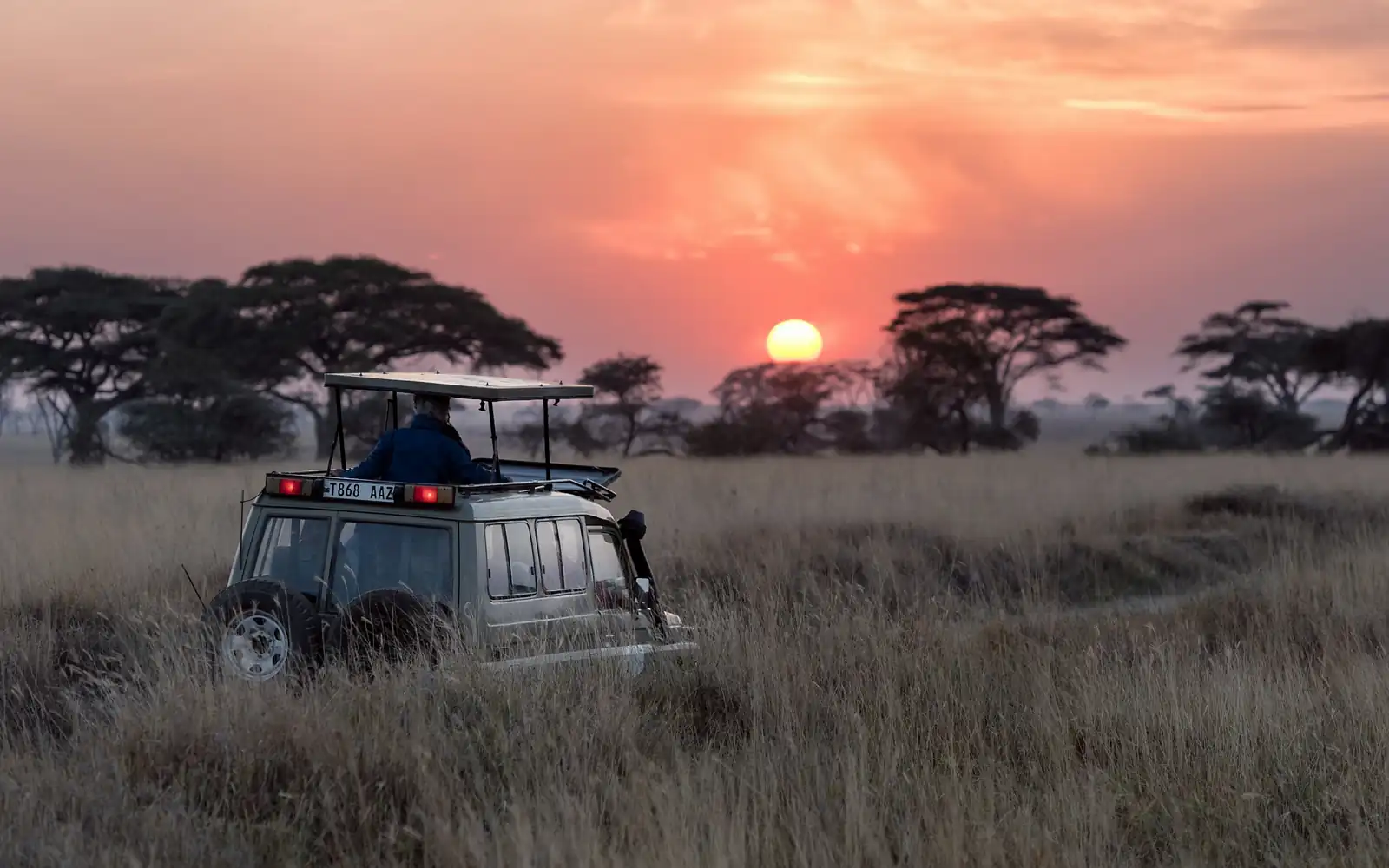 Un véhicule de safari au coucher du soleil sur les plaines ouvertes